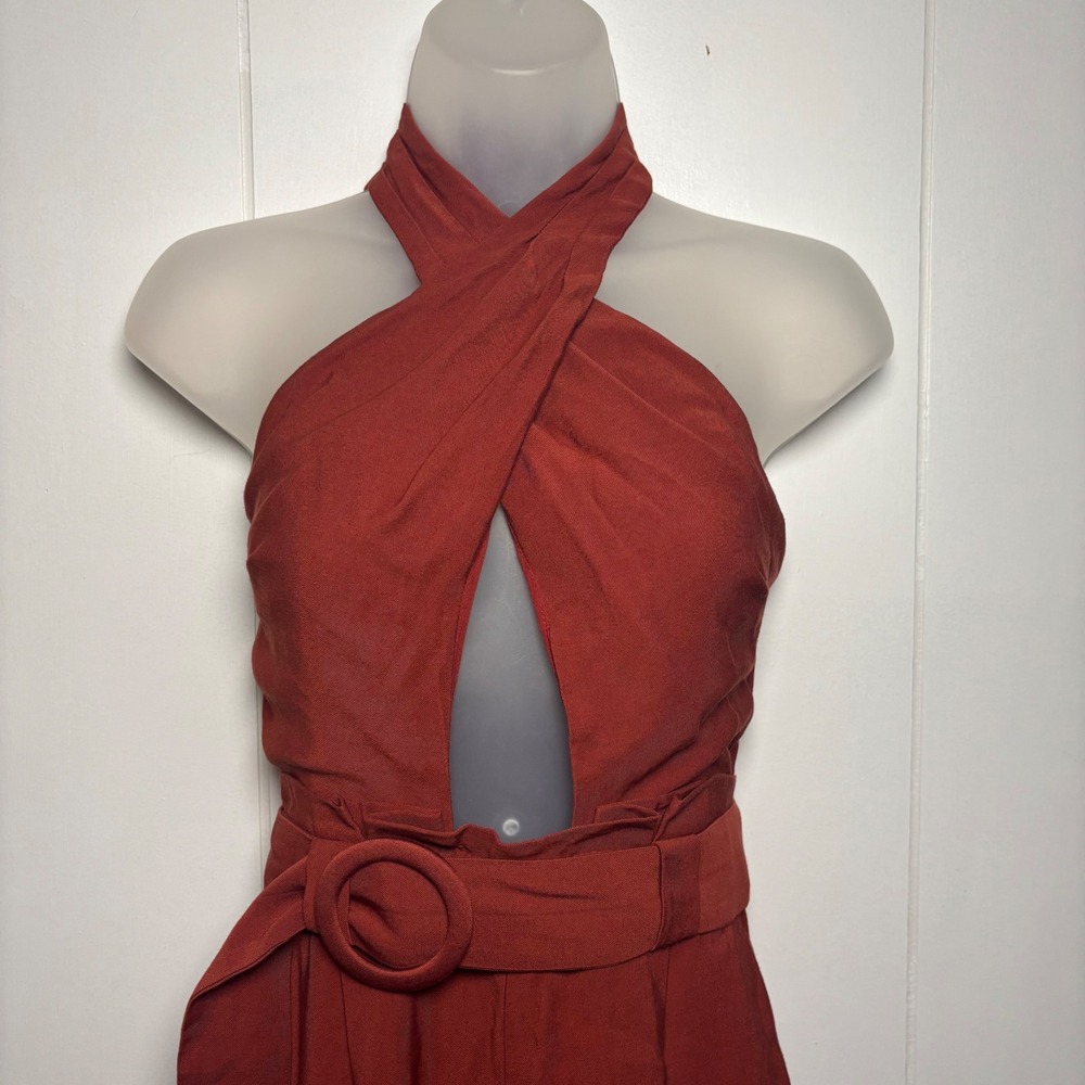 JOA Rust Boho Western Halter Cross Neck Plunge Wide Leg Belted Jumpsuit Small